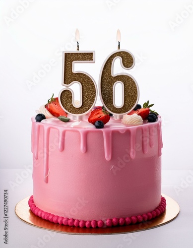 Decorated pink cake for birthday or anniversary party, candle number 56, white background photo