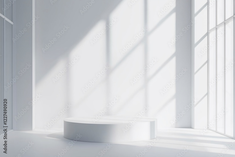 Fototapeta premium Bright, minimalistic interior with geometric podium casting shadows in a spacious, sunlit room