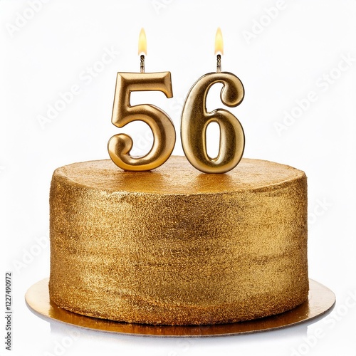 Decorated gold cake for birthday or anniversary party, candle number 56, white background photo