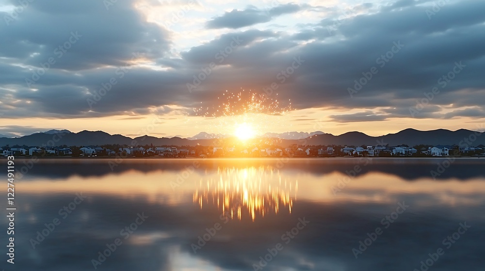Obraz premium Serene sunset over a tranquil lake reflecting vibrant colors and distant mountains, evoking peace