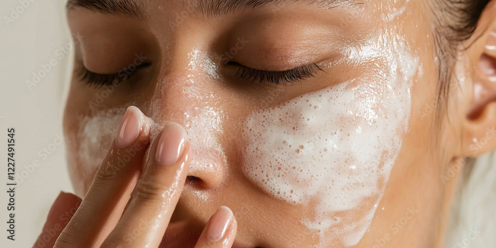 Naklejka premium Close-up of Face with Cleansing Foam