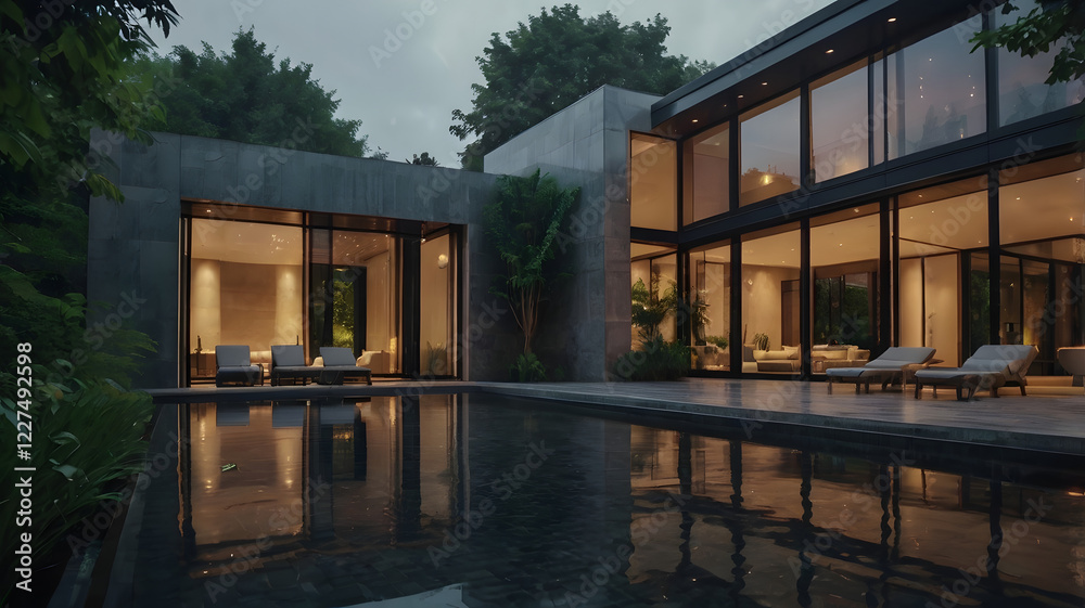 Obraz premium the bridge in the park, building in the city, pool, modern house, light