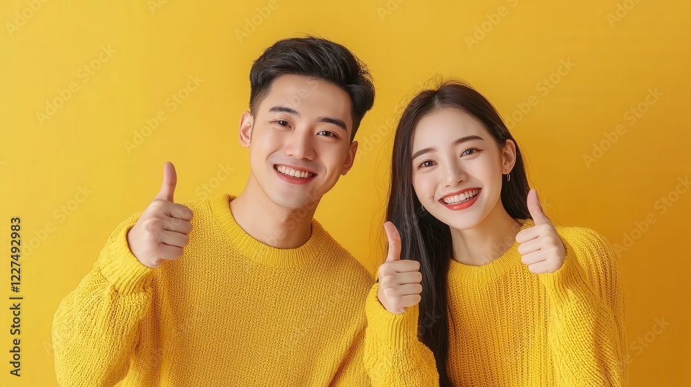 Happy Young Couple in Yellow Sweaters Giving Thumbs Up Gesture Happy Young Couple in Yellow Sweaters Giving Thumbs Up Gesture