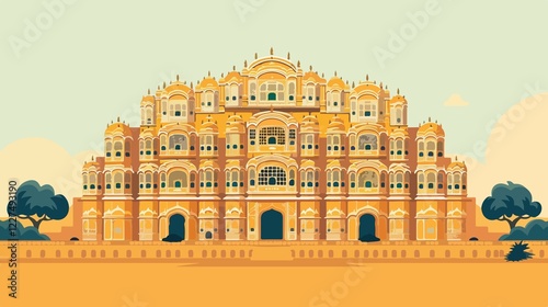 Hawa Mahal Jaipur Monument Flat Vector Illustration