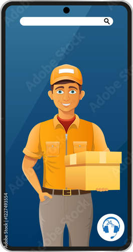 delivery man by phone courier service vector illustration isolated on white background