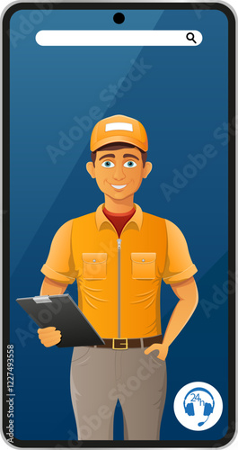 delivery man by phone courier service vector illustration isolated on white background