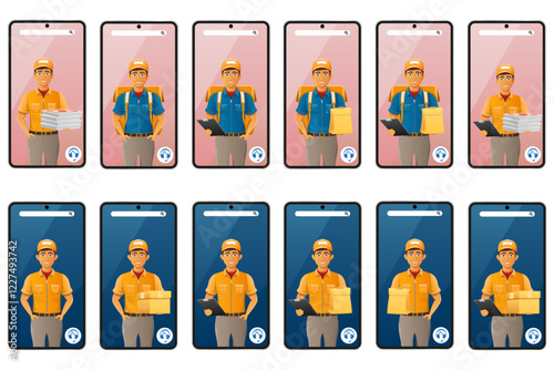 delivery man by phone courier service vector illustration isolated on white background