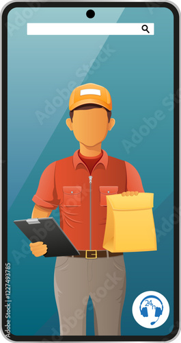 delivery man by phone courier service vector illustration isolated on white background