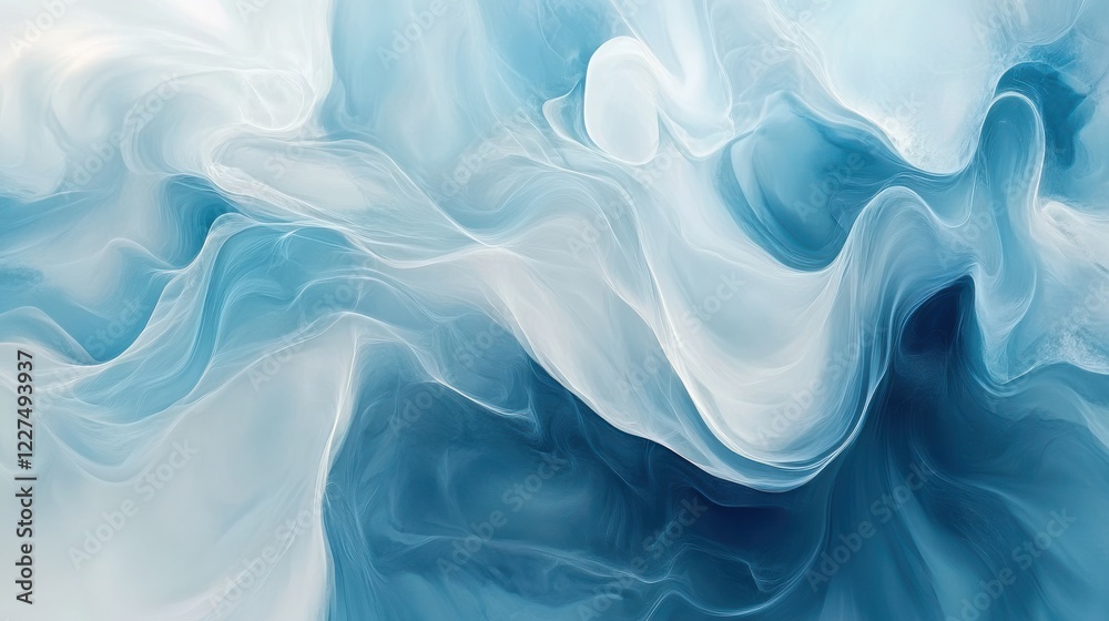 Obraz premium Abstract fluid art in soft blue and white tones, creating a serene and calming atmosphere.