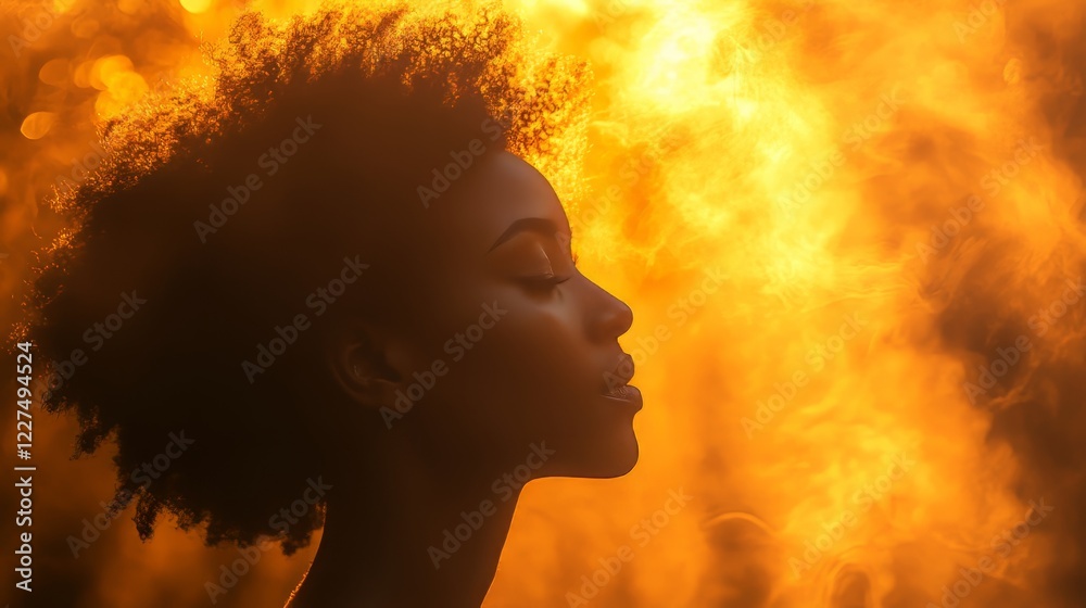 Silhouette Of A Woman With An Afro Against A Fiery Sunset. Peaceful, Powerful, And Radiant. Silhouette Of A Woman With An Afro Against A Fiery Sunset. Peaceful, Powerful, And Radiant.