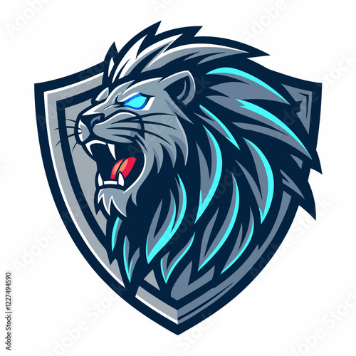 Mechanical lion logo with sharp metal plating and neon blue accents representing a competitive esports team