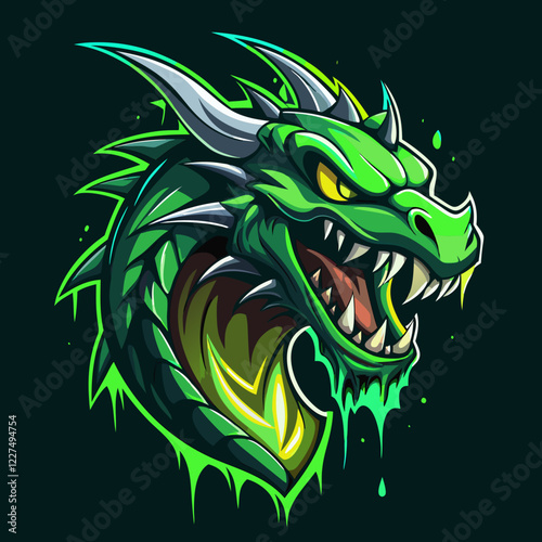 Vibrant toxic green dragon esports logo featuring sharp scales and glowing accents