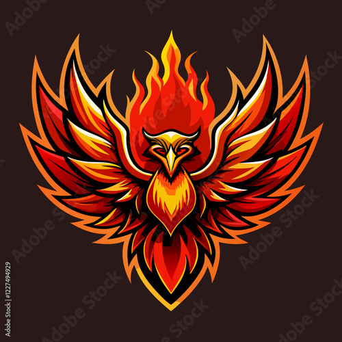 Majestic flaming phoenix logo in vibrant red and orange colors, showcasing bold design and powerful symbolism for esports