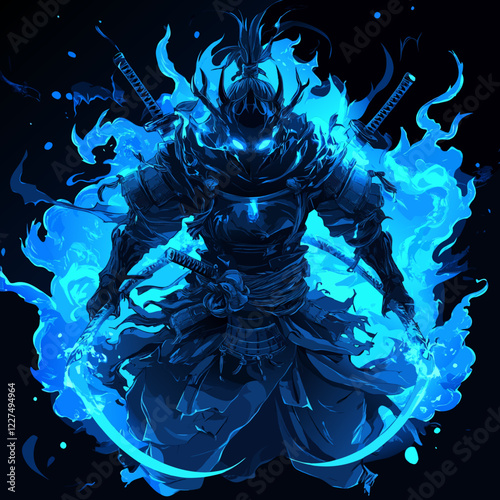 Spectral samurai warrior in tattered armor surrounded by glowing blue flames ready for battle in an esports context