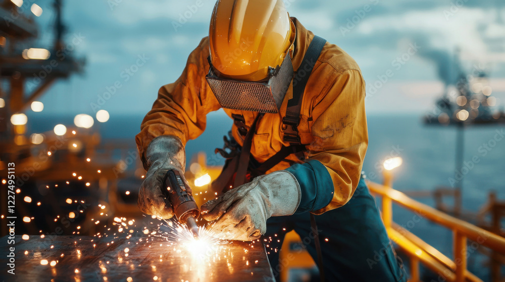 technician in safety harness welding on offshore platform, creating sparks technician in safety harness welding on offshore platform, creating sparks