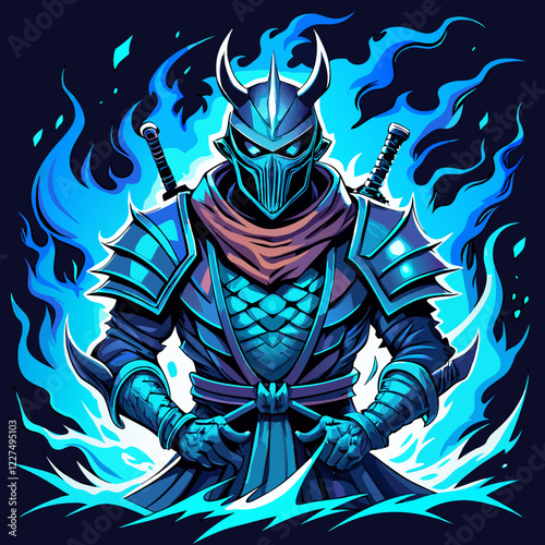 Spectral samurai warrior in tattered armor surrounded by blue flames for esports logo design
