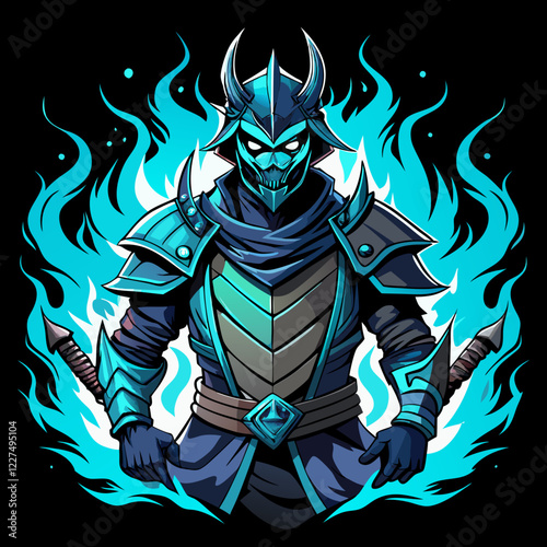 Spectral samurai warrior in tattered armor surrounded by glowing blue flames