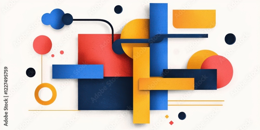 Obraz premium A vibrant abstract composition featuring geometric shapes in blue, yellow, red, and black on a light background.