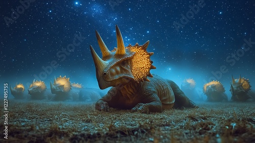 Sinoceratops Herd Resting a Field Under a Canopy of Stars photo