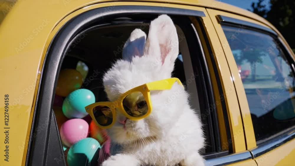 Portrait of a funny white bunny rabbit with yellow sunglasses sitting on a yellow car among colored Easter eggs.