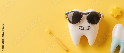 Cool Dental Dude: Confident 3D Tooth smile Character in Sunglasses and Leather Jacket on Yellow Background photo