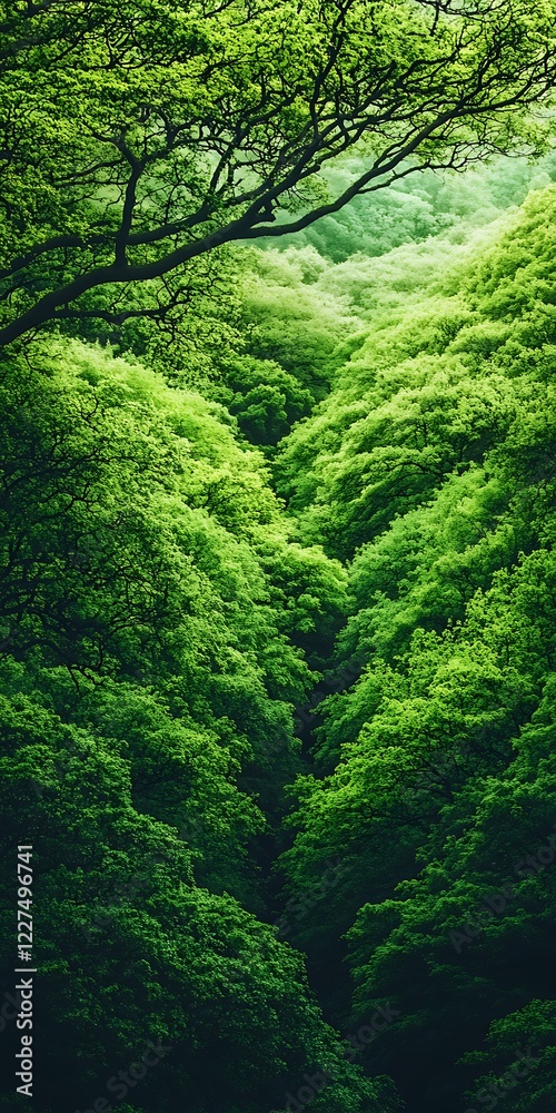 Lush green valley, canopy view, nature backdrop Lush green valley, canopy view, nature backdrop