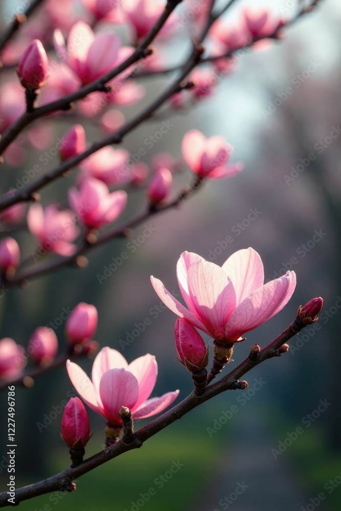 Soft pink petals unfurl on bare tree branches, countryside, nature, flowers Soft pink petals unfurl on bare tree branches, countryside, nature, flowers