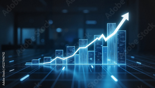 Futuristic financial growth graph with blue neon lines and increasing bars on dark background