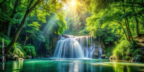 waterfall amidst lush greenery, with sunlight filtering through trees, creating dappled shade and reflecting off rippling water, natural wonder, serene spot