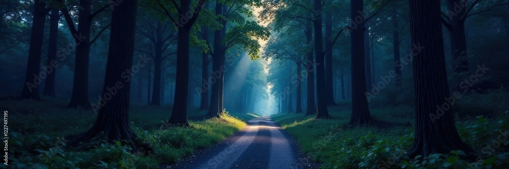 Obraz premium Softly illuminated forest path under starry sky, peaceful ambiance, nocturnal scene, dark foliage