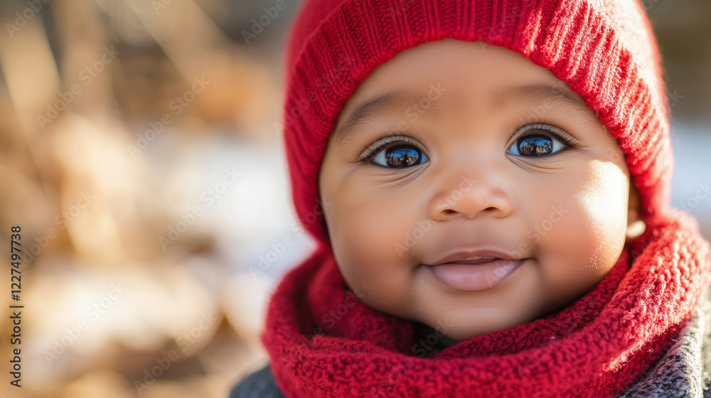 Close-up of an African American baby boy with deep dimples, wearing a red hat and scarf, sitting outdoors on a sunny day Close-up of an African American baby boy with deep dimples, wearing a red hat and scarf, sitting outdoors on a sunny day