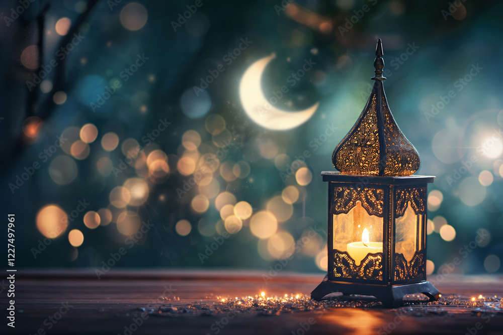 Elegant Ramadan Kareem Greeting Card with Lantern, Crescent Moon, and Space for Text Elegant Ramadan Kareem Greeting Card with Lantern, Crescent Moon, and Space for Text
