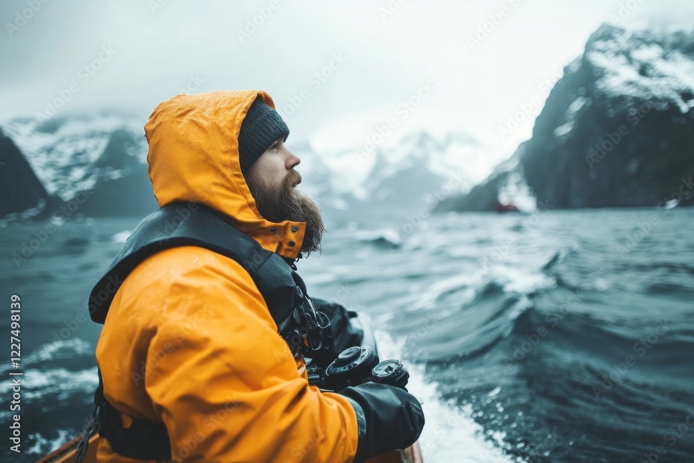 A fisherman on a boat monitoring fluctuating water depths using sonar equipment, with waves rolling in the background A fisherman on a boat monitoring fluctuating water depths using sonar equipment, with waves rolling in the background