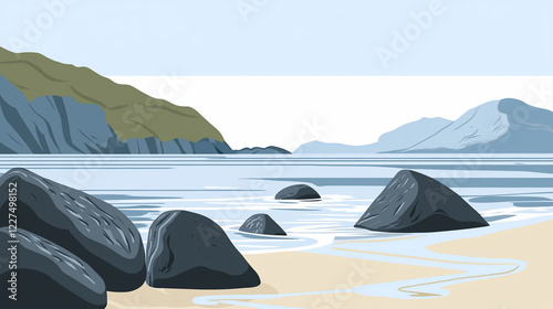 Serene coastal landscape featuring smooth rocks on a sandy beach with gentle waves and distant hills