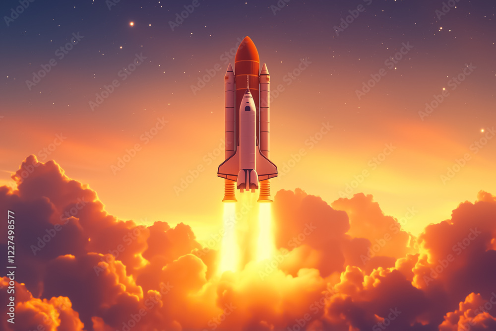 Naklejka premium A minimal rocket silhouette rises quietly into the early morning sky, surrounded by gentle pastel hues, casting soft light over fluffy clouds and the awakening horizon