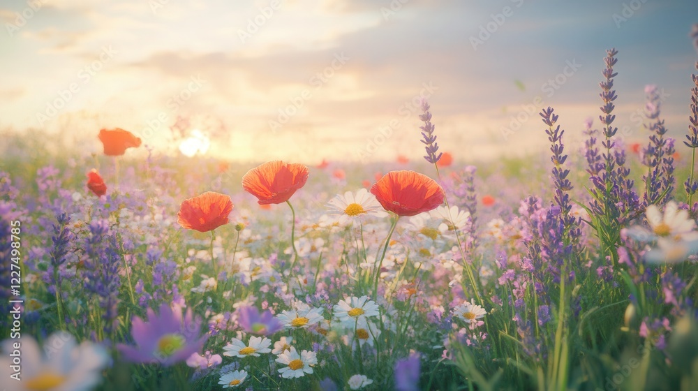 Obraz premium A beautiful field of spring flowers, including lavender, daisies, and poppies