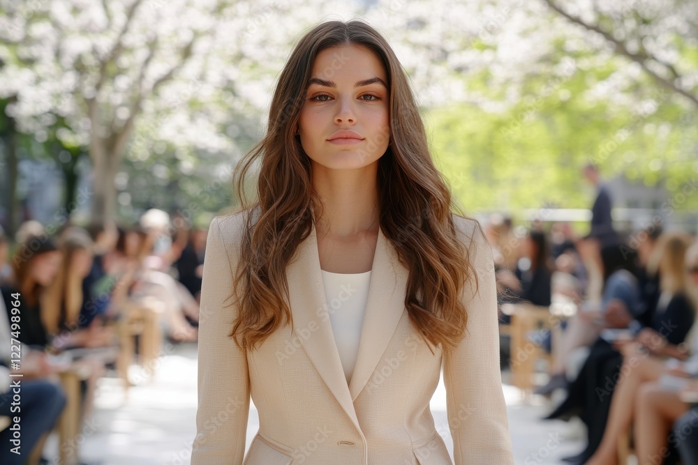A stunning model confidently walks the runway adorned in a fashionable outfit, showcasing grace and style while captivating the audience amid a backdrop of blossoming trees. A stunning model confidently walks the runway adorned in a fashionable outfit, showcasing grace and style while captivating the audience amid a backdrop of blossoming trees.