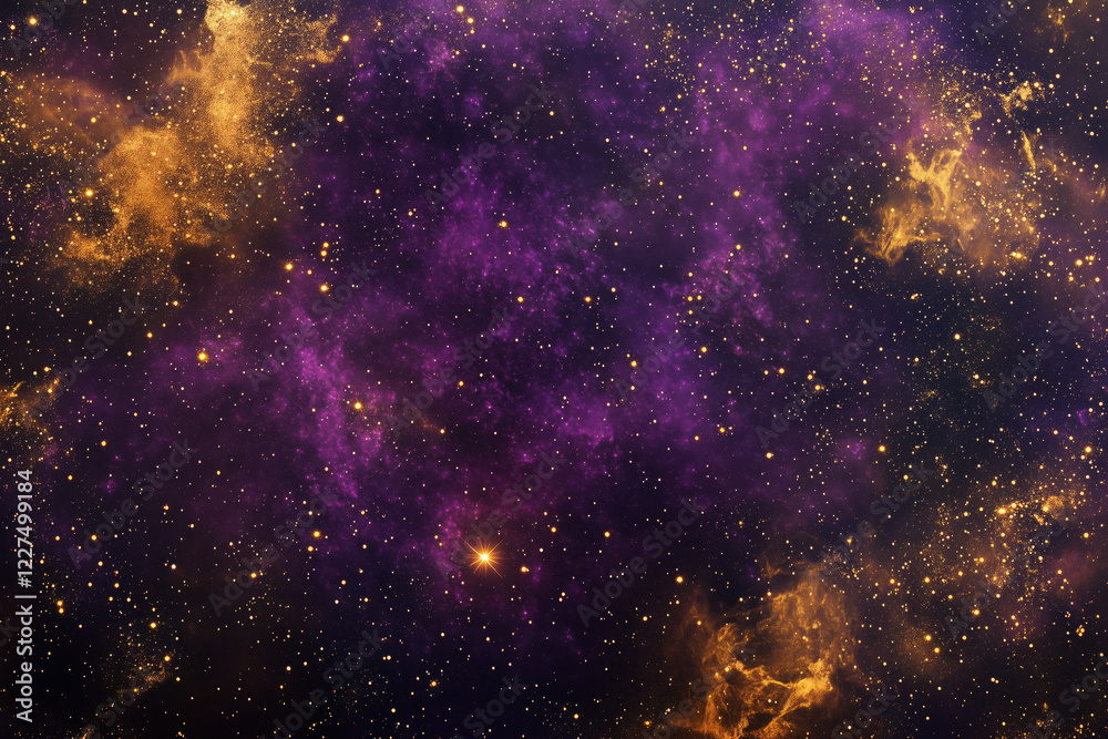 Naklejka premium Cosmic nebula background, purple and gold star clusters, supernova explosion, hyper-realistic, deep space texture, for sci-fi book covers or posters