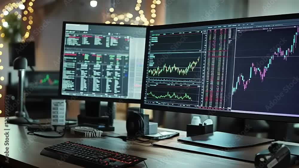 Dual monitor setup displaying stock market graphs and data analysis in a modern office environment Dual monitor setup displaying stock market graphs and data analysis in a modern office environment