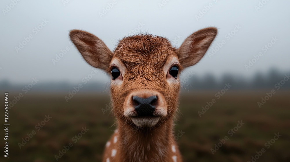 Fawn portrait, foggy field, autumn, wildlife