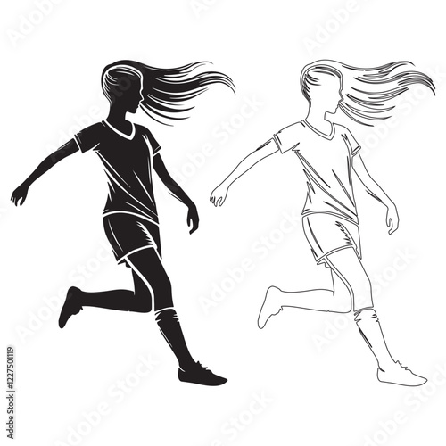 Dynamic female soccer player silhouette in motion.