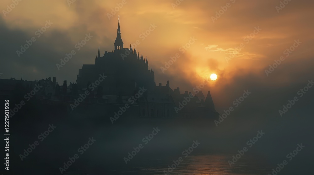 Fototapeta premium Mystical Sunrise Over Historic Castle Surrounded by Fog and Water
