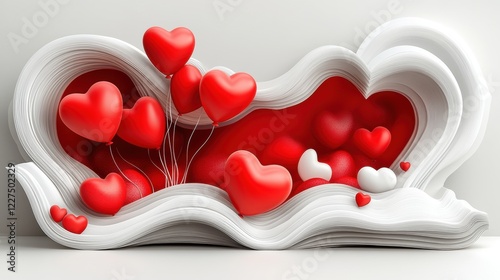 A vibrant Valentine's Day scene featuring flowing white paper waves, red and white heart sculptures, and floating balloons, symbolizing love and romance. photo