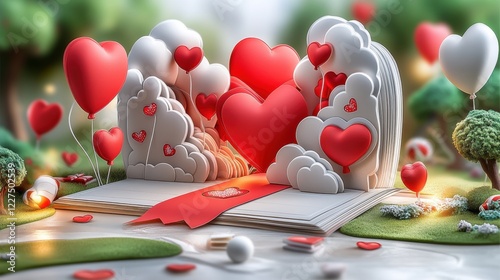 A magical Valentine’s Day scene with a pop-up book surrounded by floating heart-shaped balloons and cloud-like decorations, capturing a playful and romantic atmosphere. photo