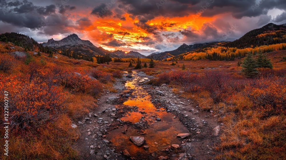 Fiery sunset over autumnal mountain stream. Perfect for travel brochures Fiery sunset over autumnal mountain stream. Perfect for travel brochures