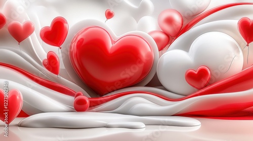 A vibrant Valentine's Day scene featuring flowing white paper waves, red and white heart sculptures, and floating balloons, symbolizing love and romance. photo