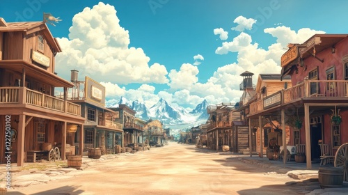 A concept illustration of a classic Wild West town, designed in a video game-inspired digital CG art style with realistic cartoon elements