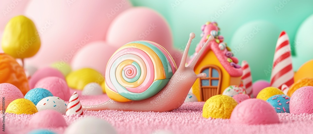 Obraz premium Fantastical cartoony characters of a cheerful snail with a candy house shell traveling through a colorful dreamland, showcasing imaginative details and a joyful vibe