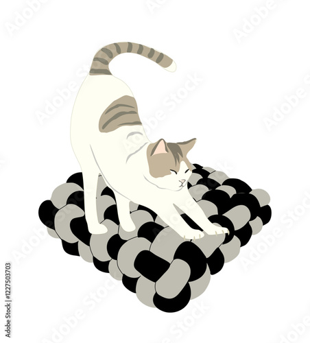 Cute happy cat stretching on soft pillow. Adorable sweet kitty. Funny kitten with peaceful face expression. Colored flat vector illustration of pet isolated on white background.