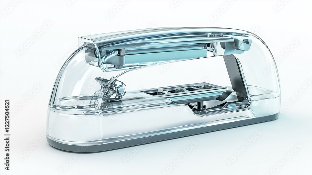 Photorealistic image of a transparent plastic stapler with metal components, isolated on a white background
Photorealistic image of a transparent plastic stapler with metal components, isolated on a white background